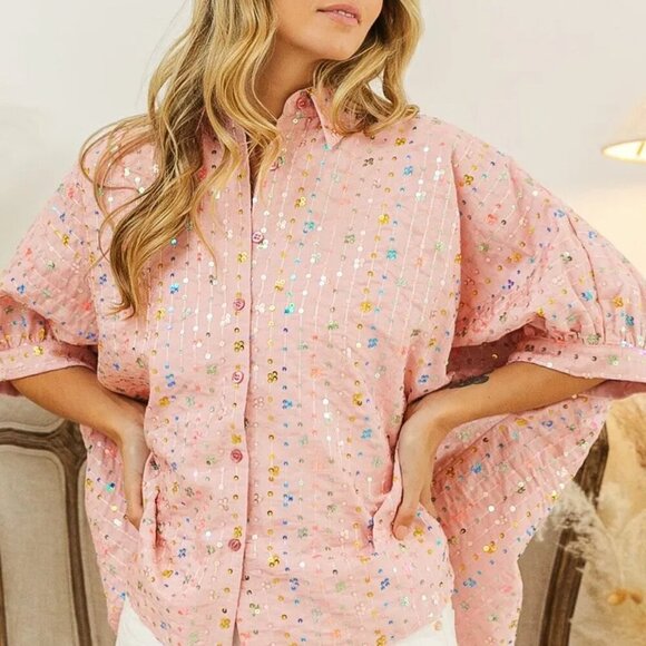 BiBi Sequin Striped Short Dolman Sleeve Blouse - Picture 5 of 14